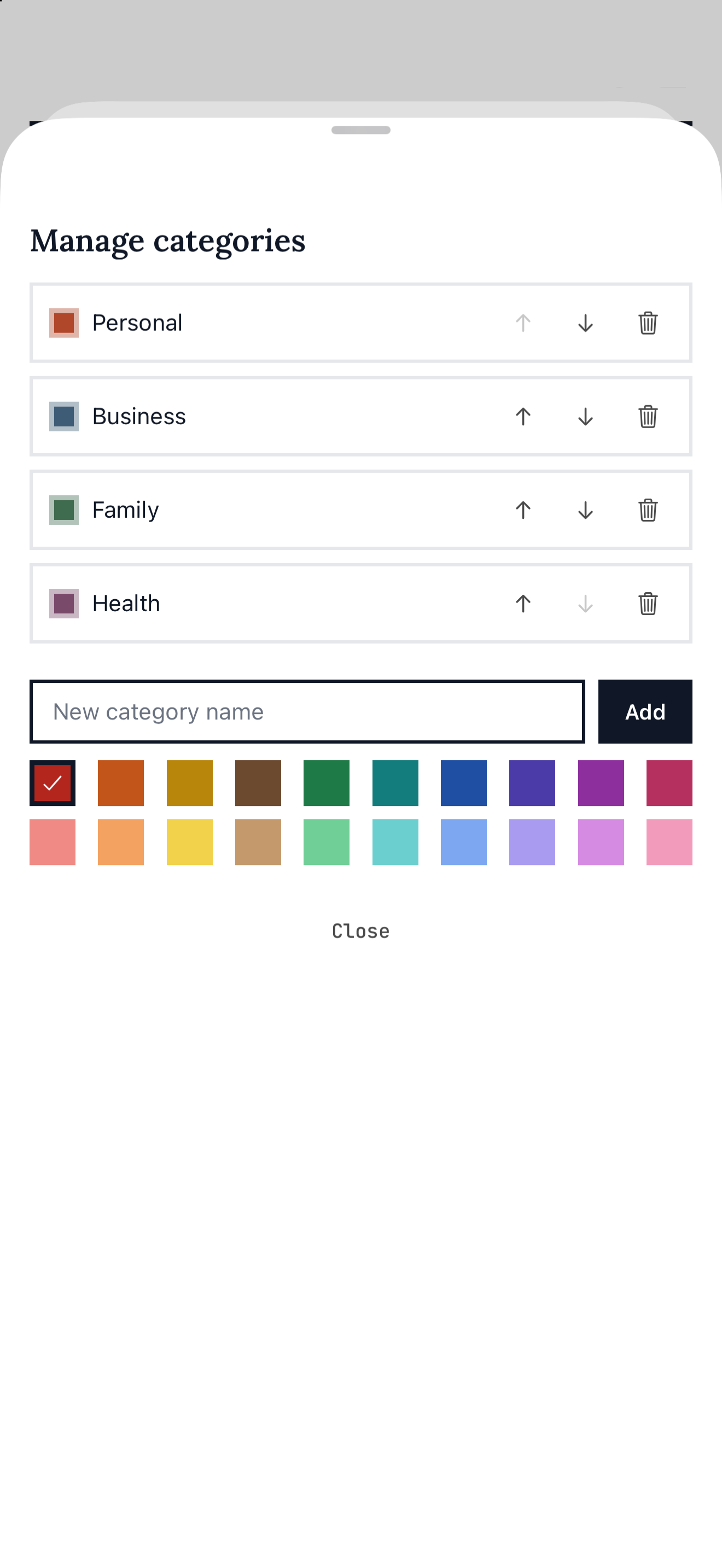 The Manage categories screen with the color palette open