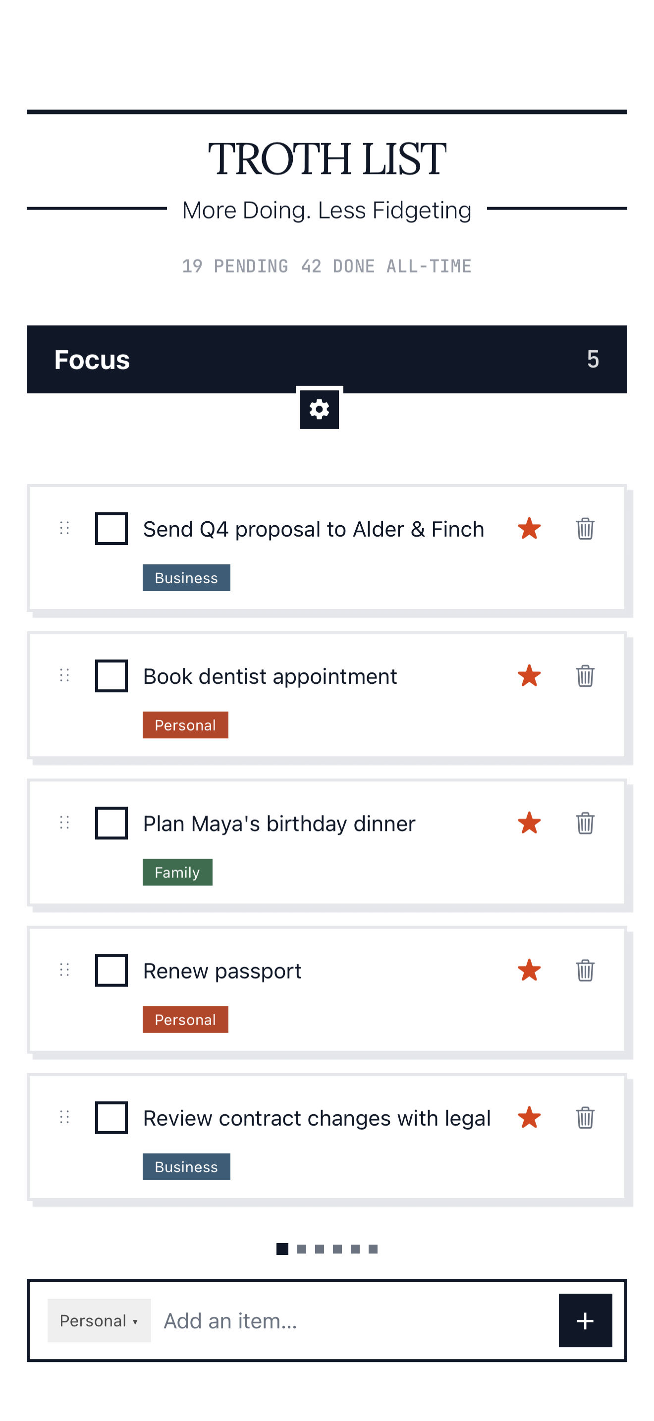 The Focus view showing starred items from several categories