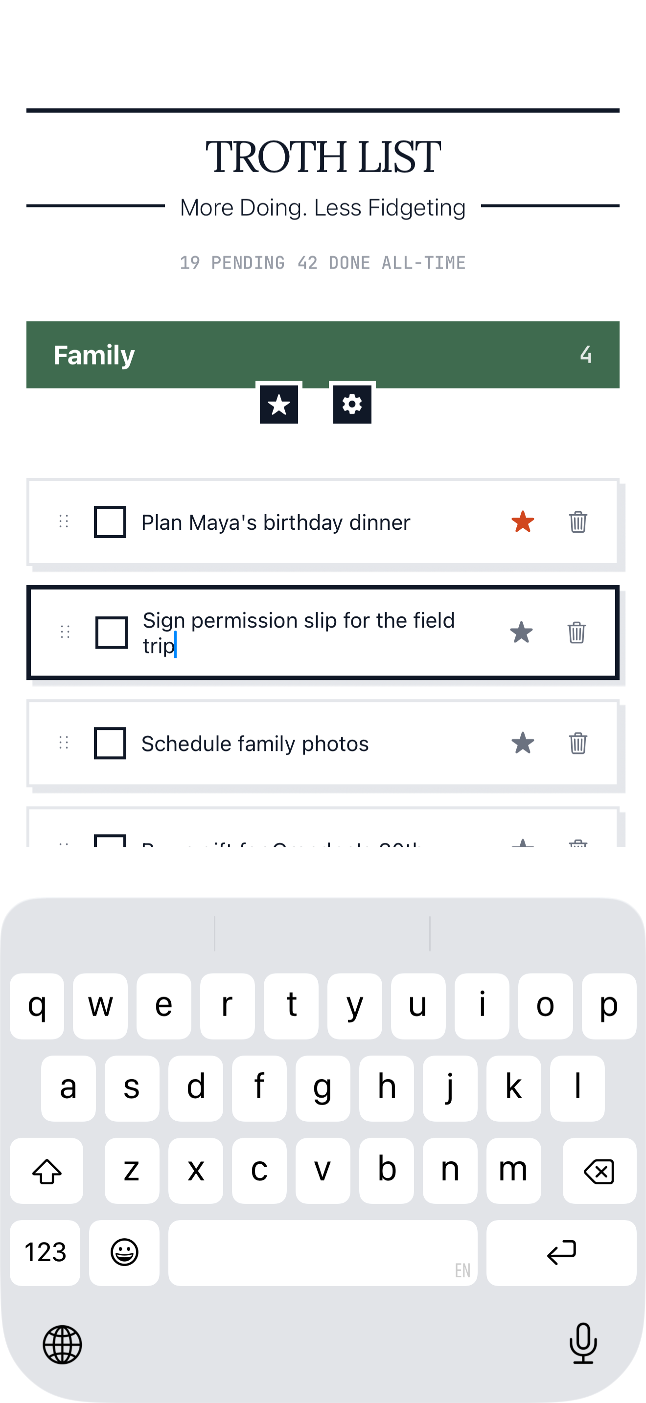 An item row with drag handle, checkbox, star and trash