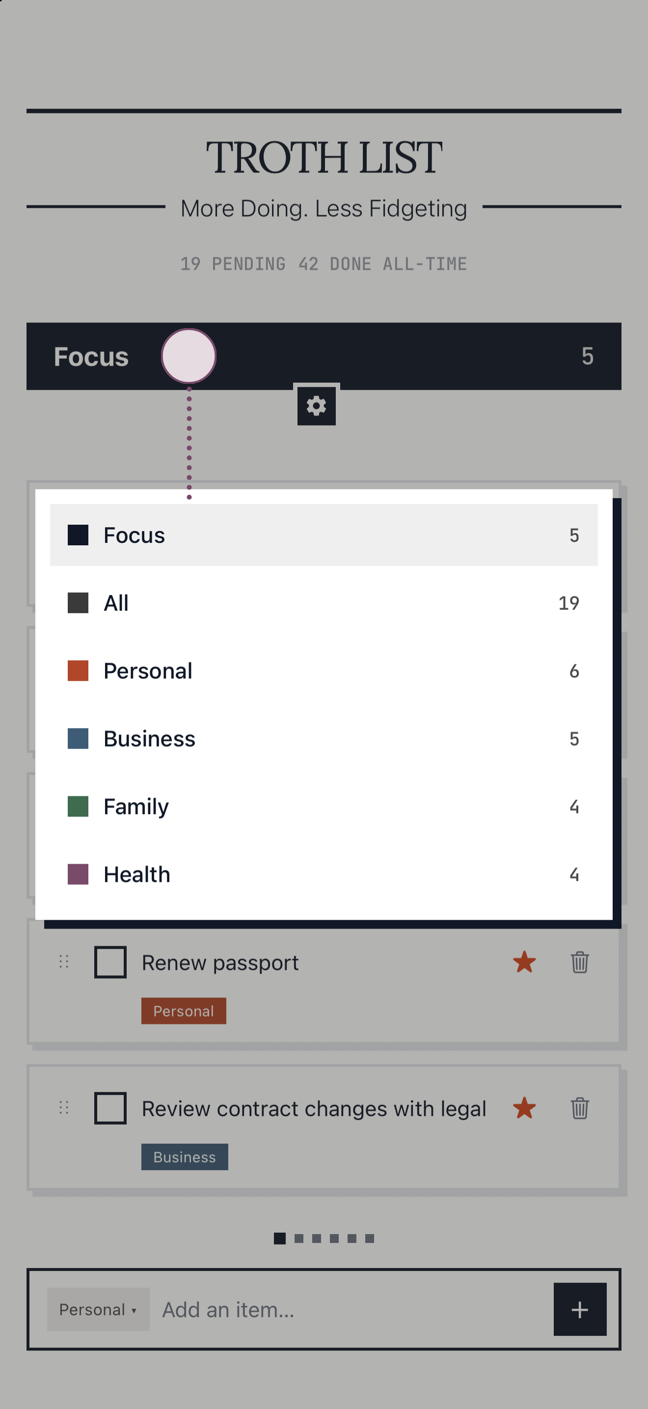 The quick switcher listing Focus, All and every category