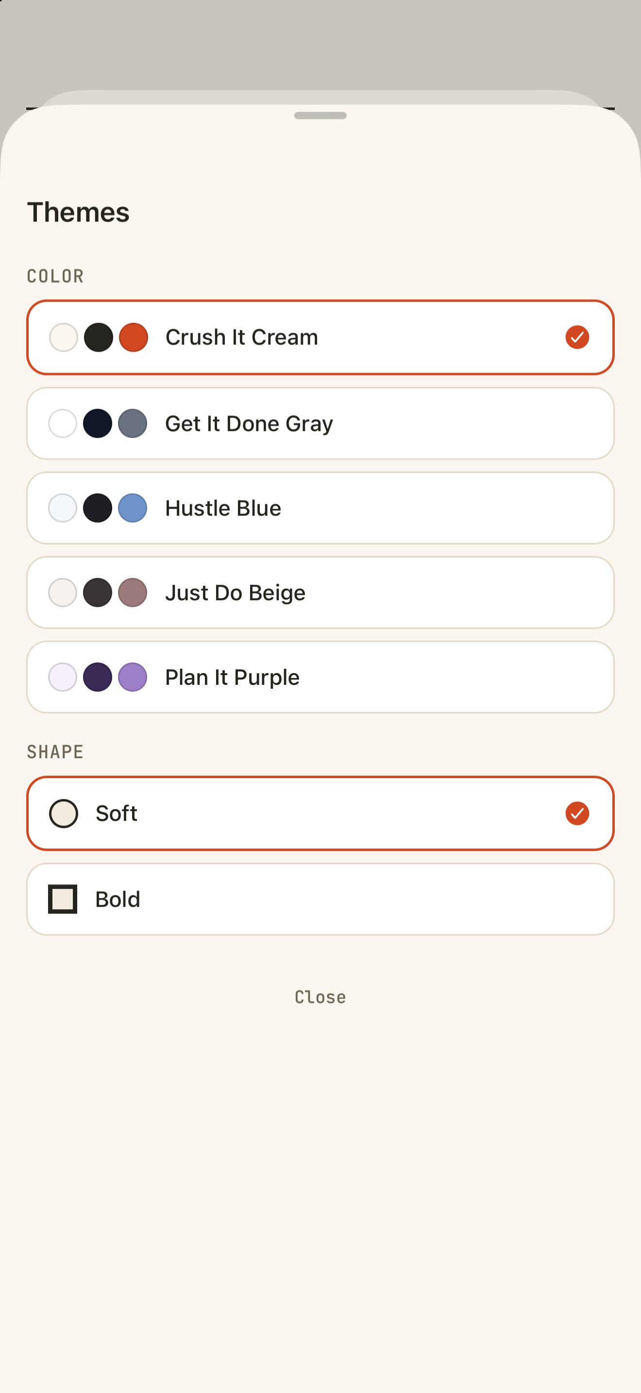 The Themes screen with color and shape choices